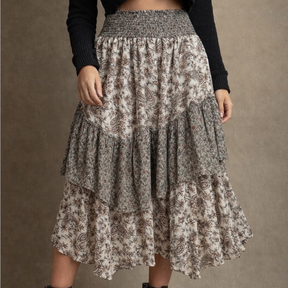 American Eagle Boho Muted Light Blue Floral Print Tiered Midi Skirt